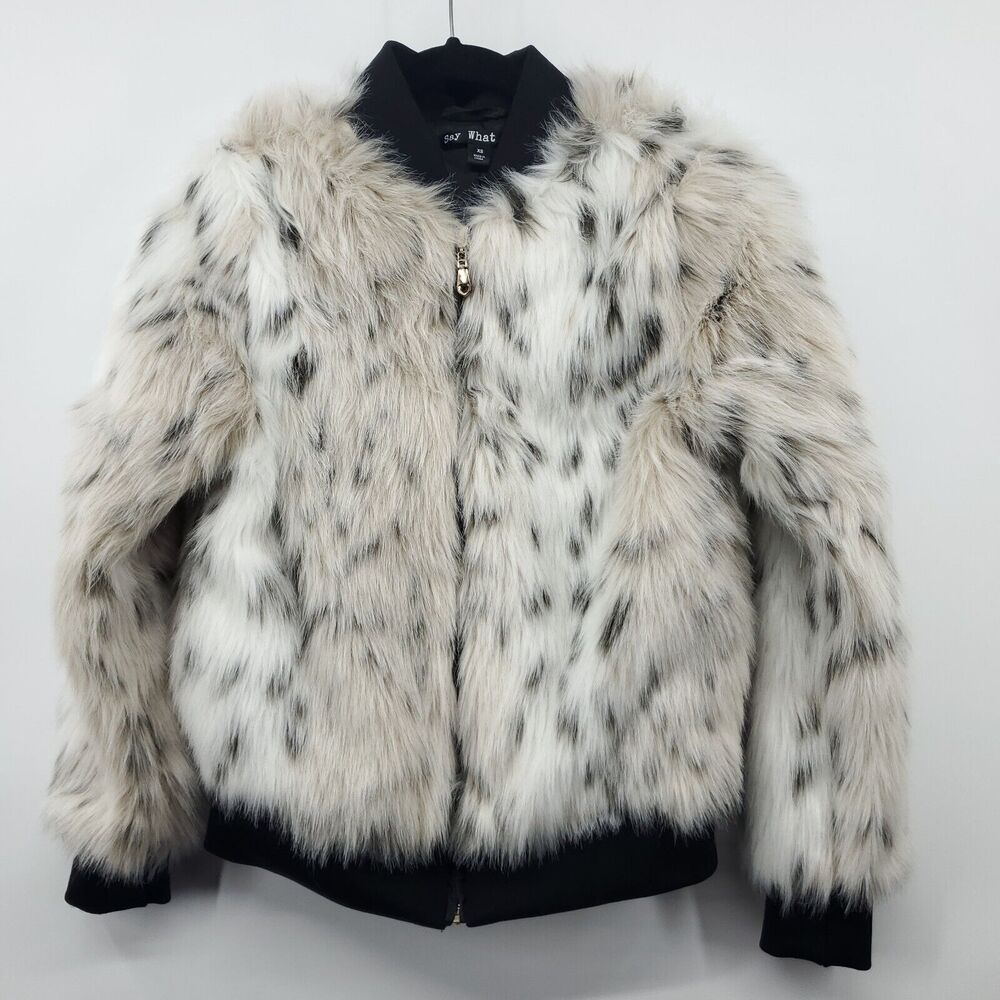 Say What ? Bomber Jacket Womens XS Black Beige Faux Fur Acrylic Lined Full Zip